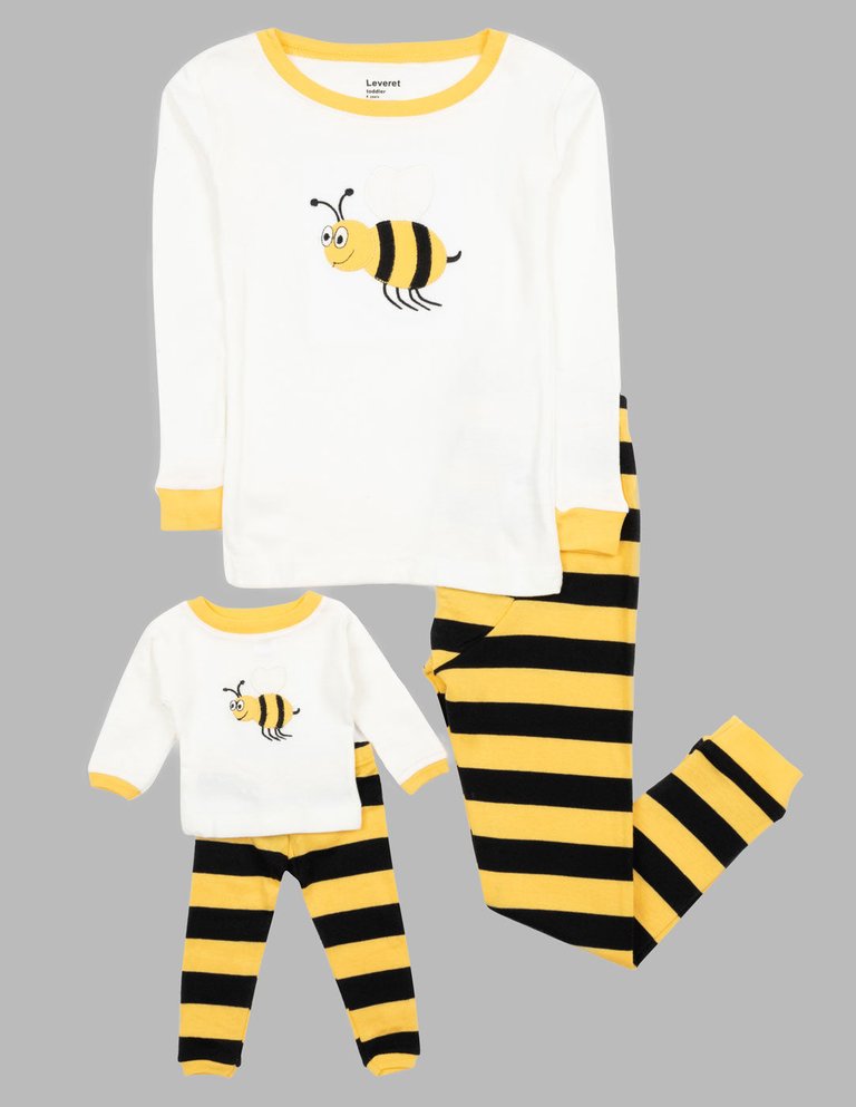 Matching Girl & Doll Cotton Bee and Moon Pajamas - Bumble Bee White Yellow