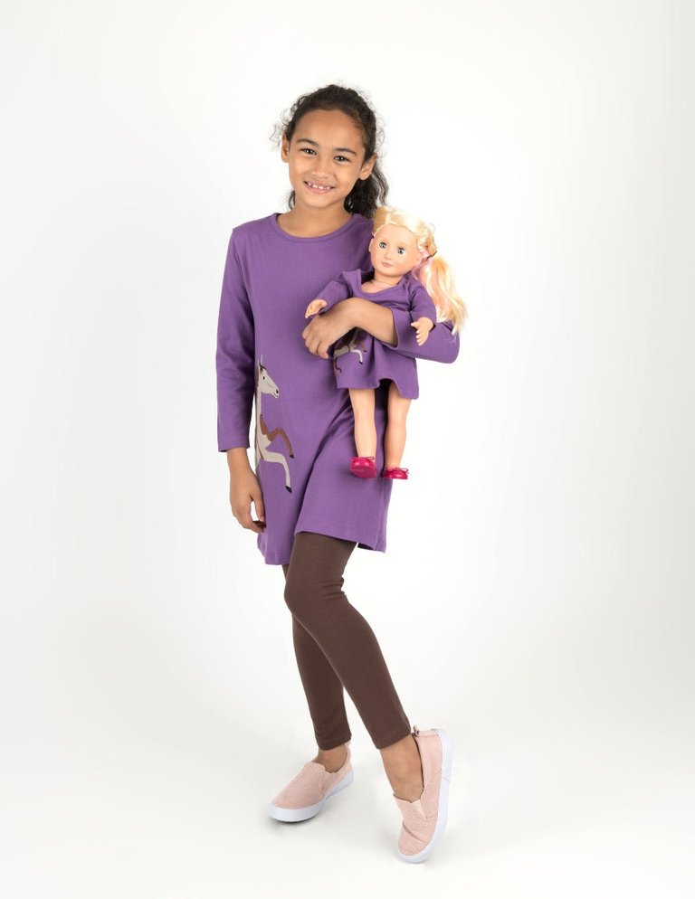 Matching Girl & Doll Cotton Dress - Horse-Purple