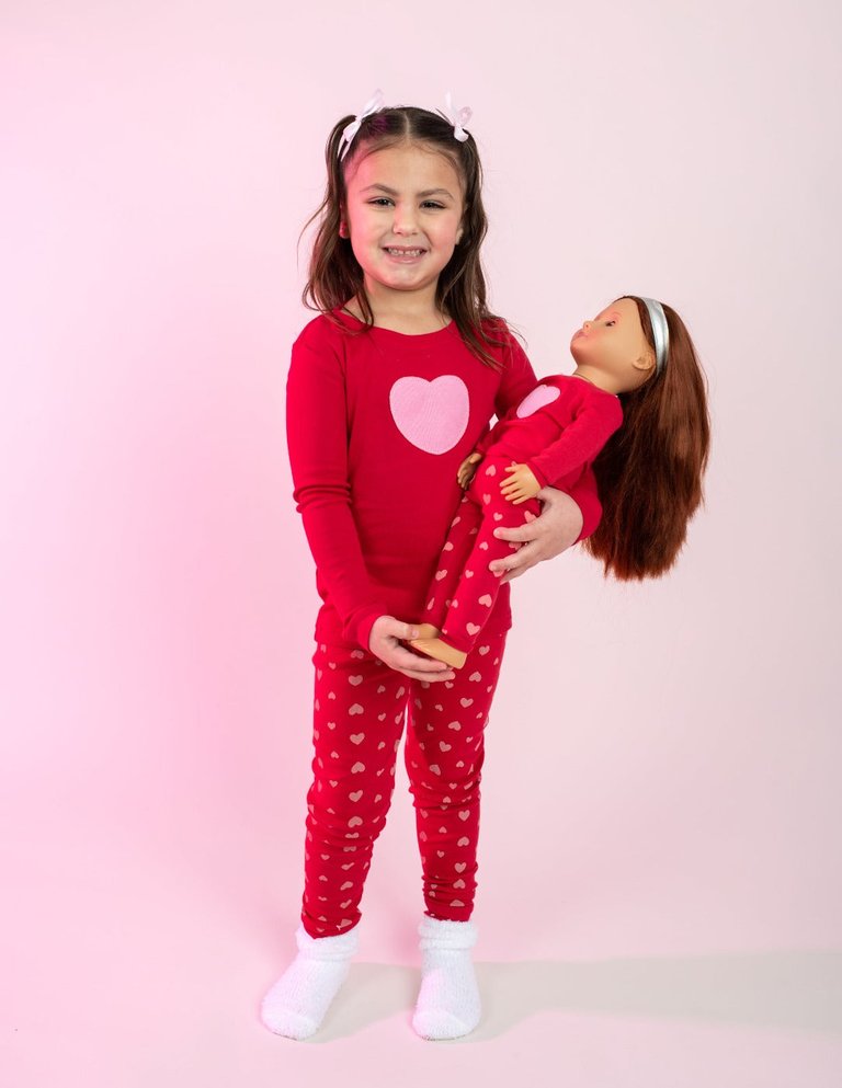 Matching Girl & Doll Cotton Pajamas - Hearts-Red-Pink