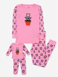 Matching Girl & Doll Cotton Pajamas - Flowerpot-Pink