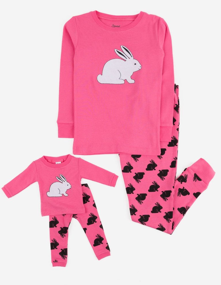 Matching Girl & Doll Cotton Pajamas - Bunny-Hot-Pink