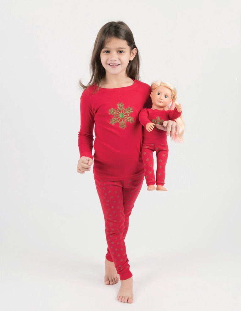 Matching Girl & Doll Cotton Snowflake Pajamas - Snowflake-Red-Green