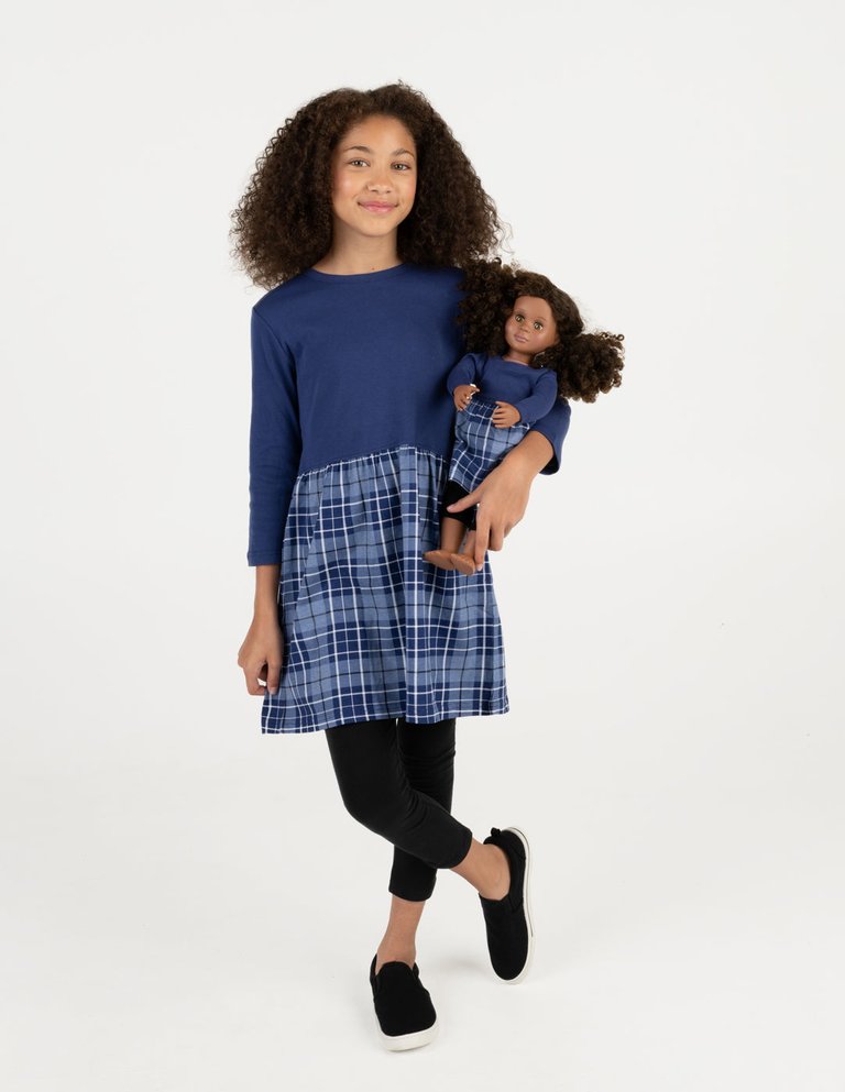 Matching Girl & Doll Plaid Cotton Skirt Dress - Navy