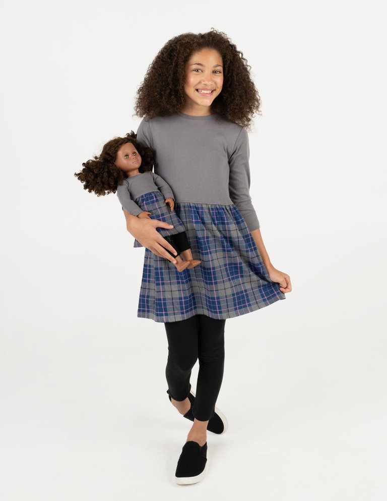 Matching Girl & Doll Plaid Cotton Skirt Dress - Dark-Grey