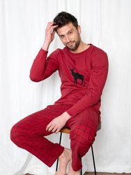 Mens Animal Print Flannel Sets - Reindeer-Red