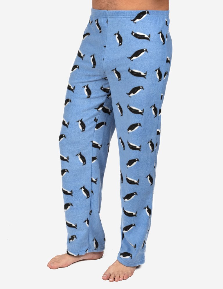 Mens Fleece Animal Pants - penguin-light-blue