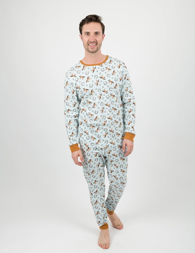 Mens Light Blue Horses Pajamas - Horse-Light-Blue