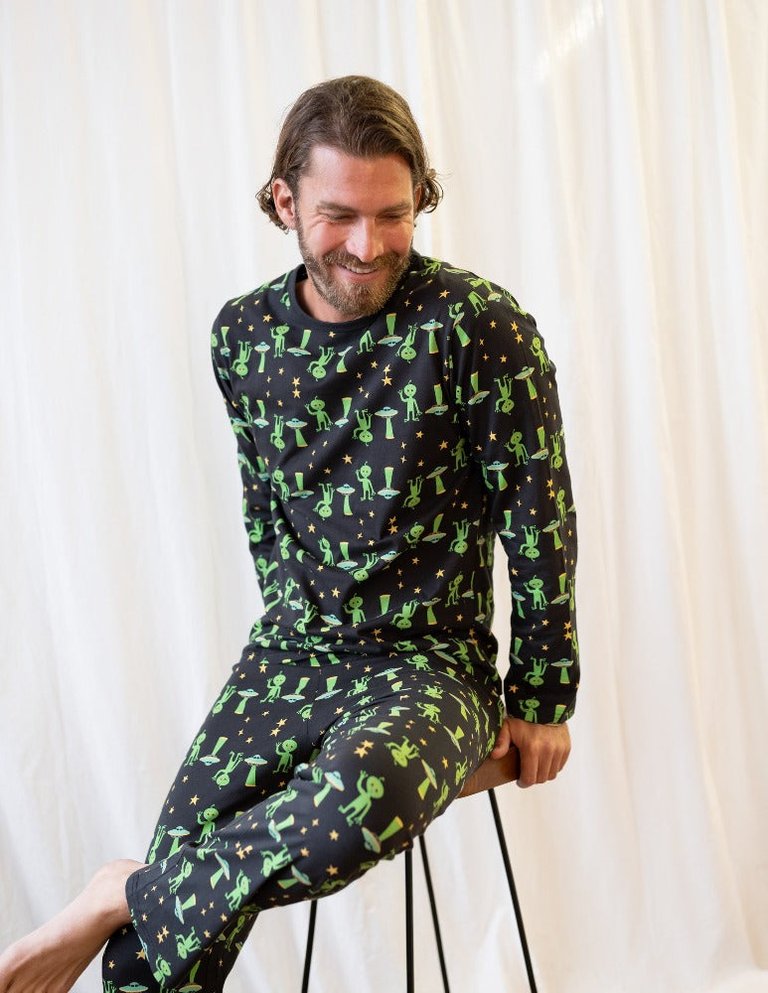 Mens Loose Fit Alien Pajamas - Aliens-Black