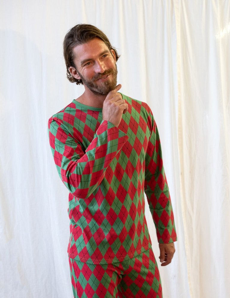 Mens Loose Fit Red & Green Argyle Pajamas - Red-Green