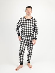 Mens Plaid Cotton Pajamas - Black-White