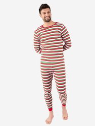 Mens Red White & Green Stripes Two Piece Cotton Pajamas