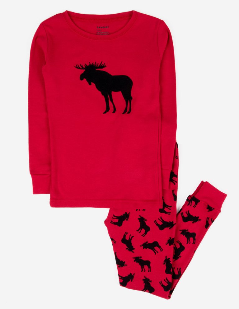 Moose & Reindeer Cotton Pajamas - Moose-Red