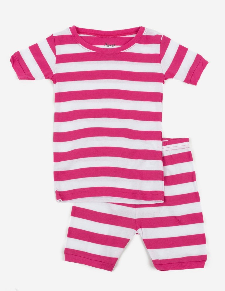 Short Sleeve Pink Striped Cotton Pajamas - Hot-pink