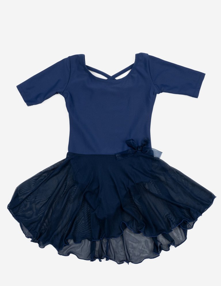 Short Sleeve Skirt Leotard - Navy-Blue