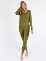 Womens Boho Solid Color Thermal Pajamas - Olive-Green