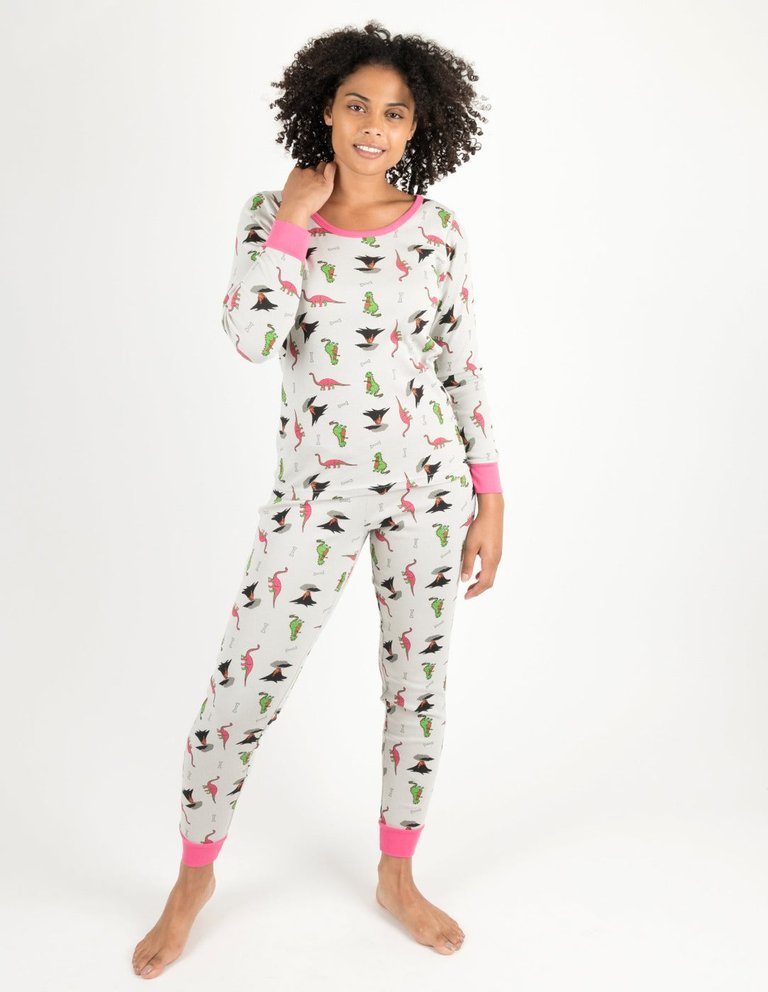 Women's Dinosaur Pajamas - Dinosaur-volcano/Light-grey/Pink