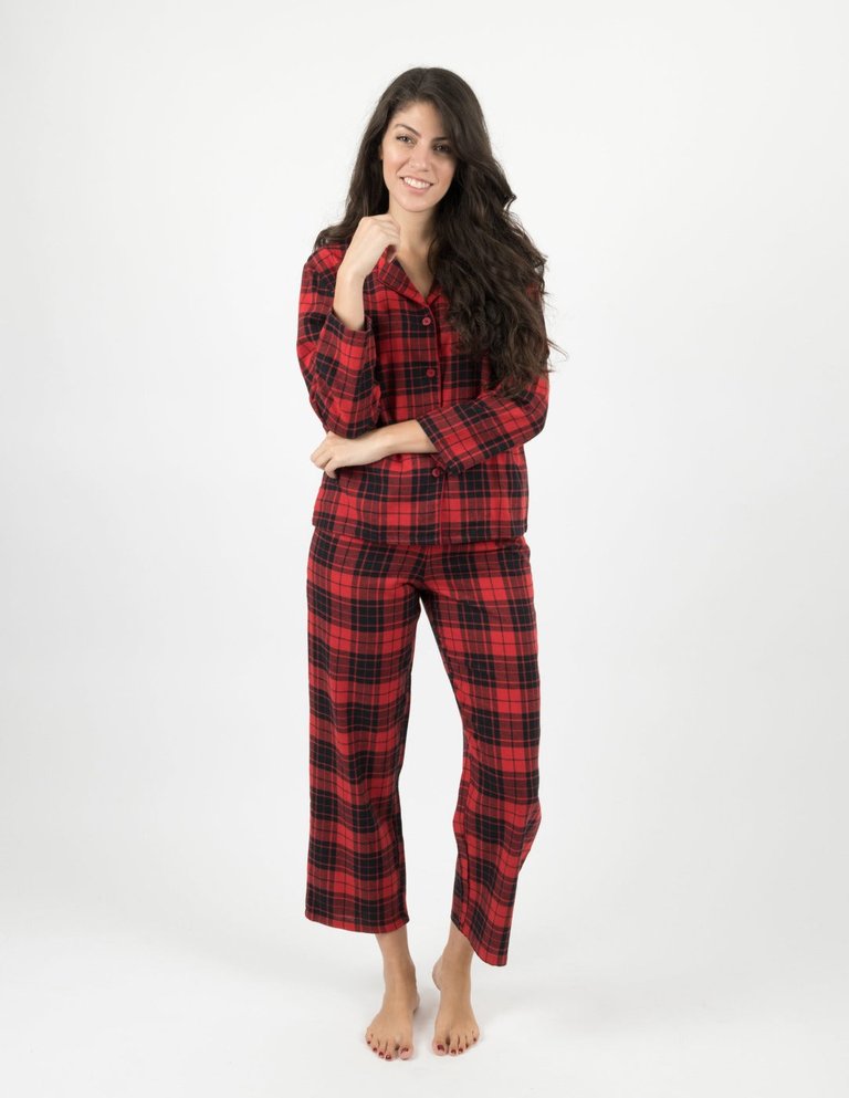 Women's Flannel Red & Black Plaid Button Down Pajamas