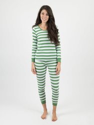 Women's Green & White Stripes Cotton Pajamas - Green-White
