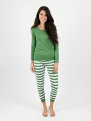 Women's Green & White Stripes Cotton Pajamas - Green White Top