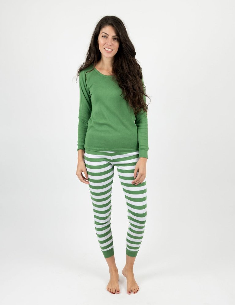 Women's Green & White Stripes Cotton Pajamas - Green White Top
