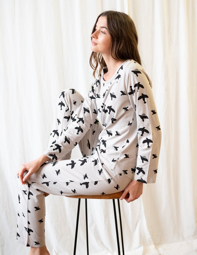 Womens Loose Fit Animal Print Pajamas - Birds-light-grey