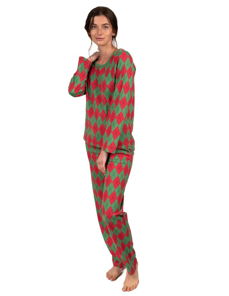 Women's Loose Fit Red & Green Argyle Pajamas - Red-Green