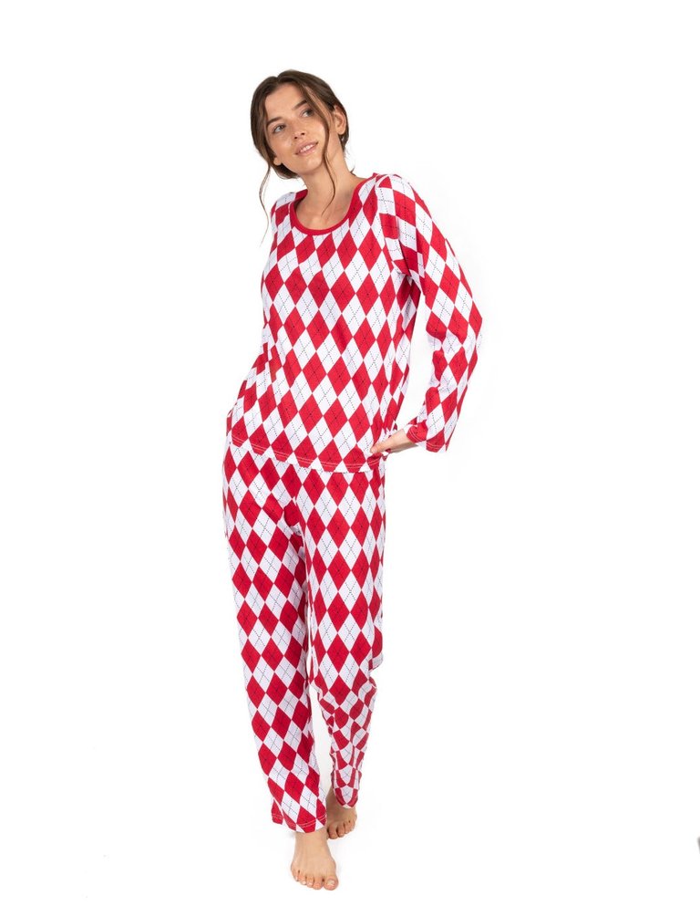 Women's Loose Fit Red & White Argyle Pajamas