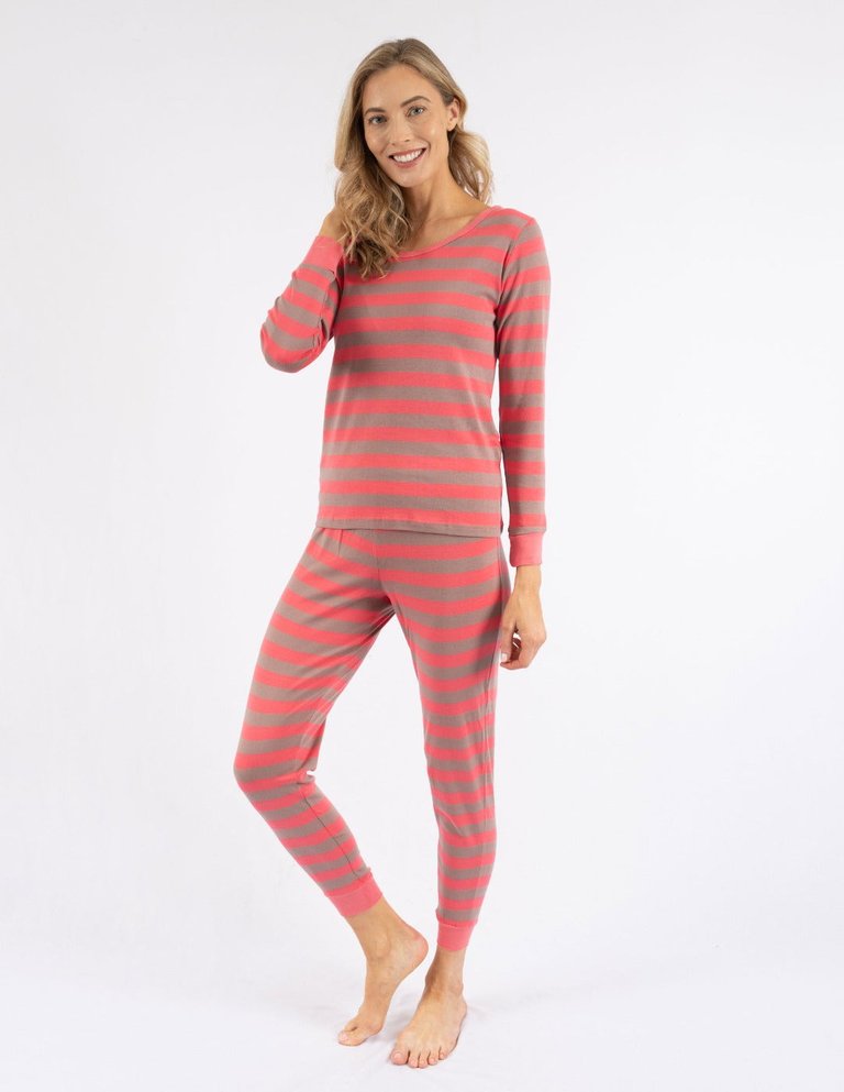 Womens Pink Stripes Cotton Pajamas - Rose-Antler