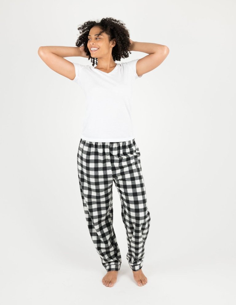 Womens Plaid Fleece Pants - Black-White