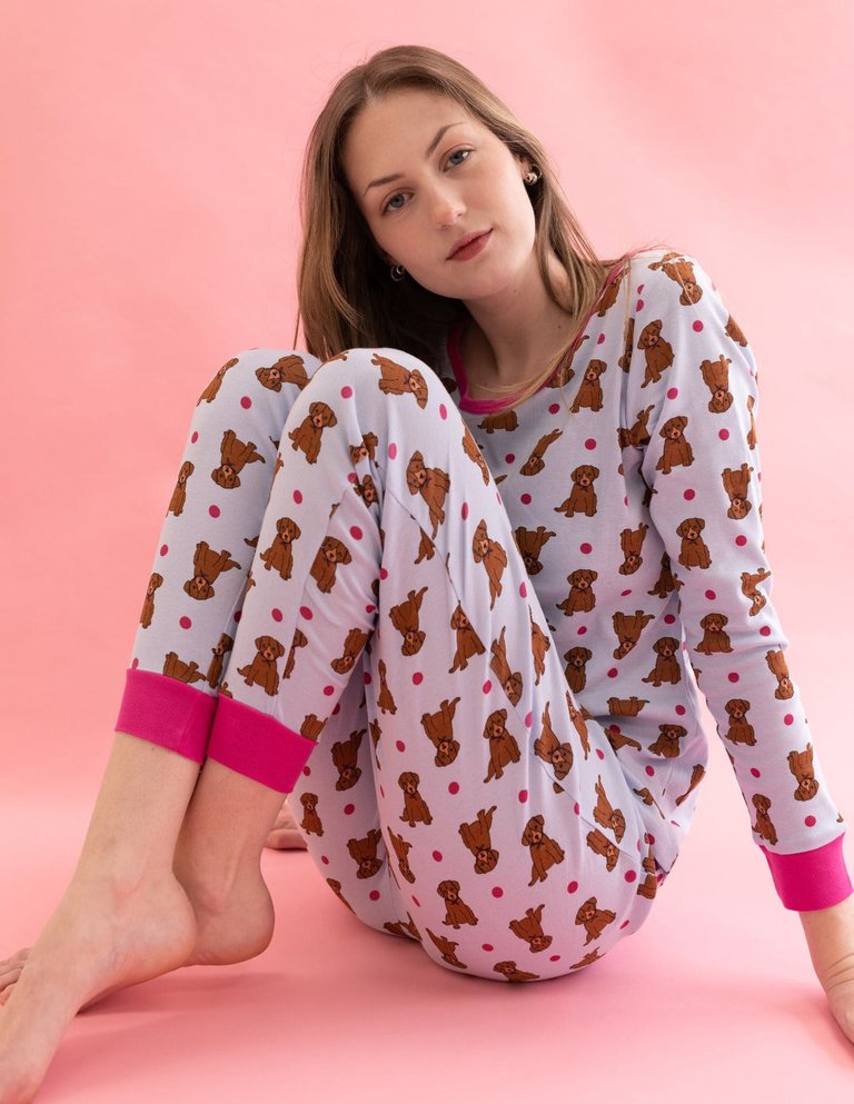 Womens Two Piece Animal Pajamas - Puppy-Blue-Pink
