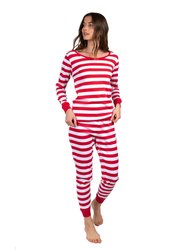 Womens Two Piece Red & White Stripes Cotton Pajamas