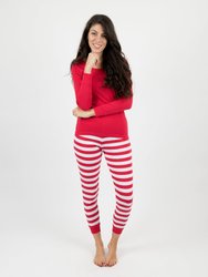 Womens Two Piece Red & White Stripes Cotton Pajamas - Red White Top