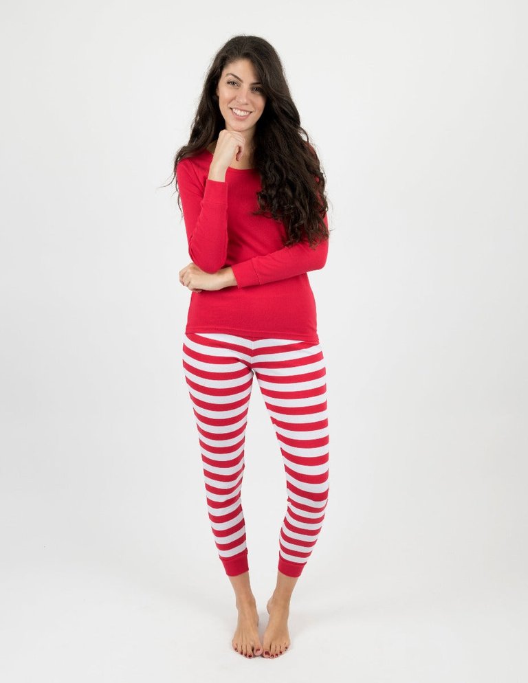 Womens Two Piece Red & White Stripes Cotton Pajamas - Red White Top
