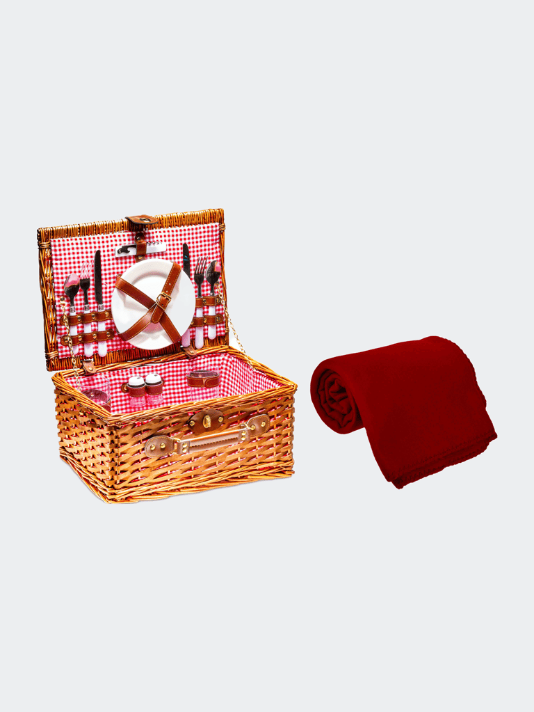 Multi-Purpose Wicker Picnic Basket Set With Fleece Blanket - Red