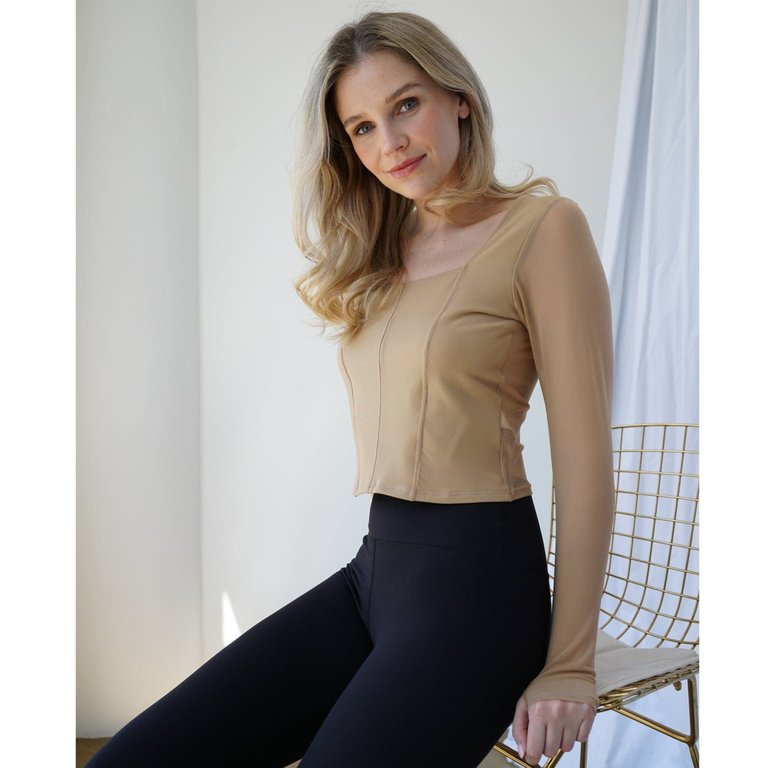 Hailey Mesh and Cotton Long Sleeve Top - Latte - Latte