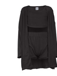 Kora Cotton Tank, Shorts And Robe Sleep Set - Black