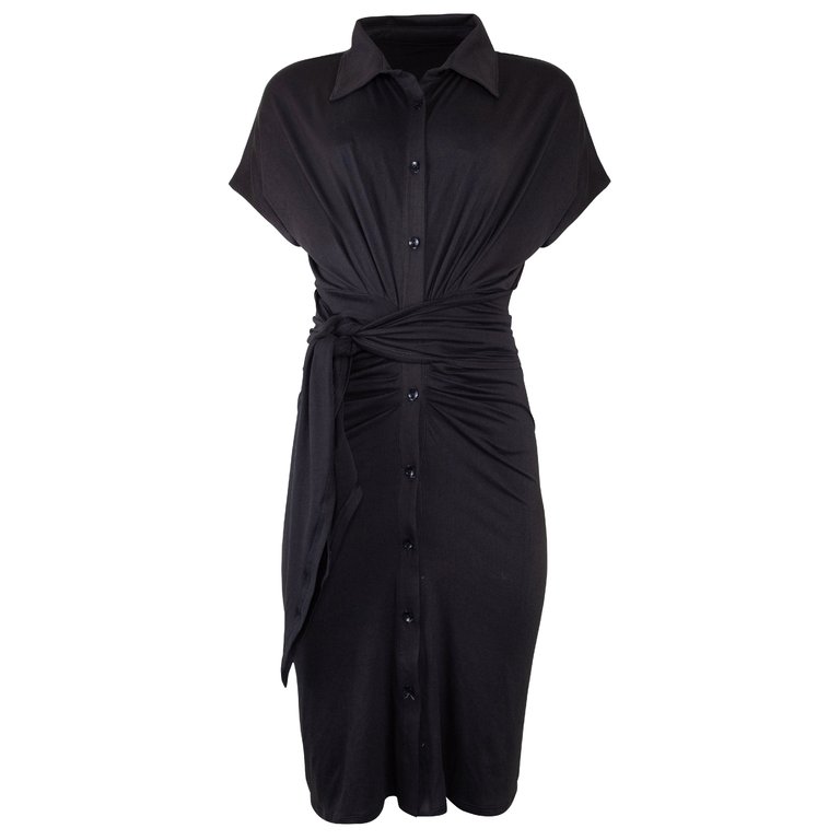 Mona Front Tie Midi Dress - Black - Black