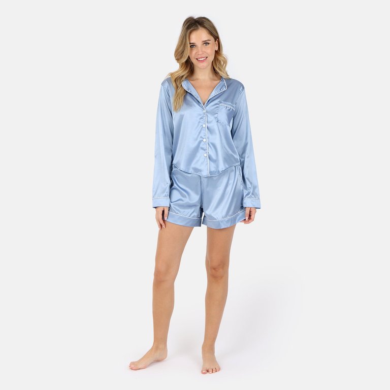 Nina Silk Pajama Short Set - Light Blue - Light Blue