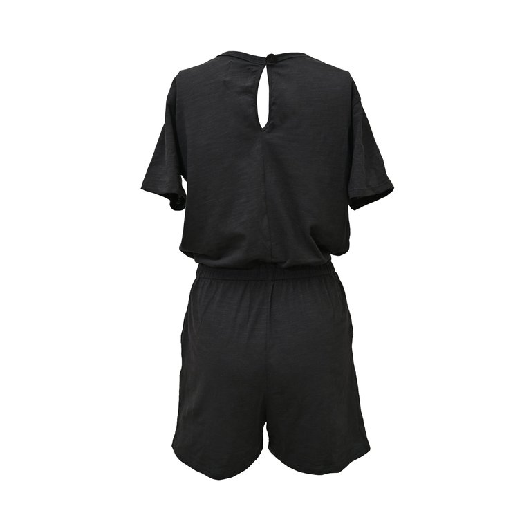 Sandy Short Sleeve Drawstring Romper - Black