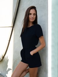 Sandy Short Sleeve Drawstring Romper - Black