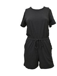 Sandy Short Sleeve Drawstring Romper - Black - Black