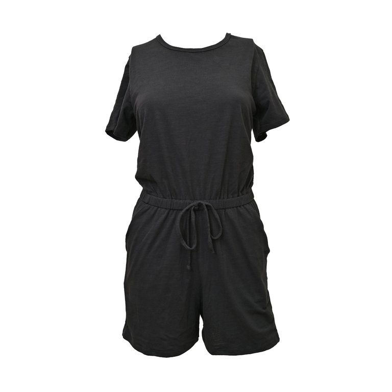 Sandy Short Sleeve Drawstring Romper - Black - Black