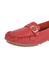 Mary Genuine Leather Women's Slip On Buckle Loafers - Red