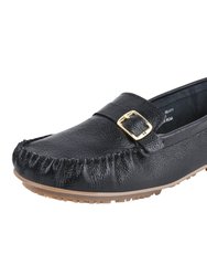 Mary Genuine Leather Women's Slip On Buckle Loafers - Black