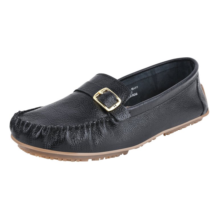 Mary Genuine Leather Women's Slip On Buckle Loafers - Black