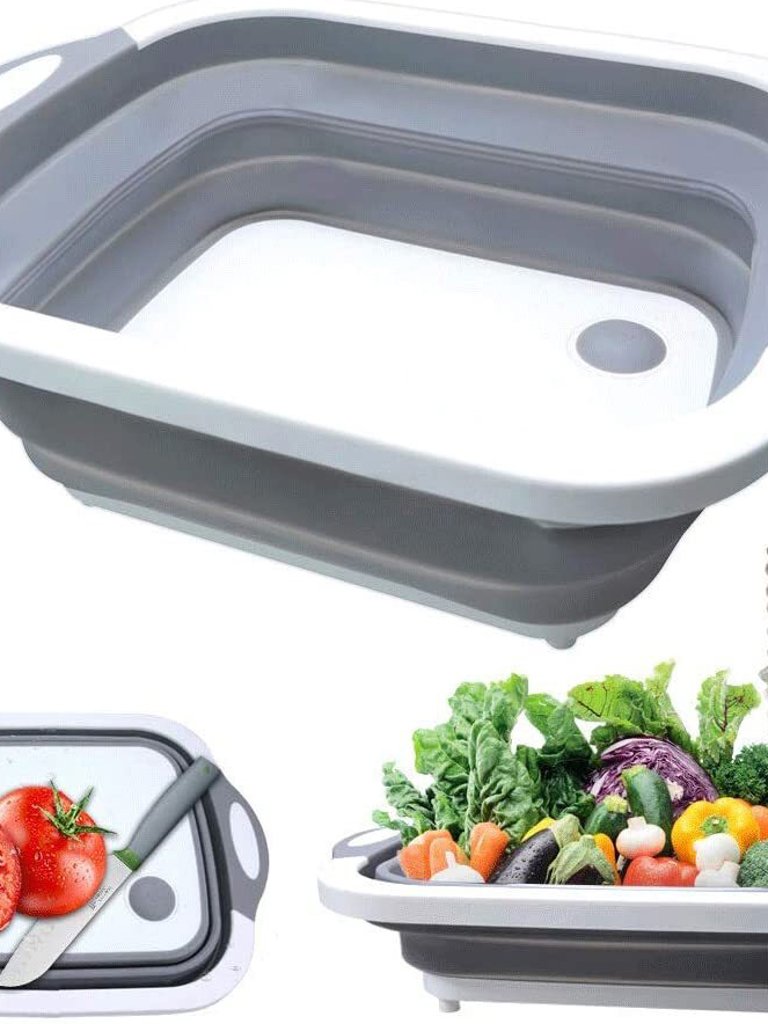 3-1 Multi Function Collapsible Cutting Board Drain Basket for Fruits Vegetable Meat Food Preparation - White