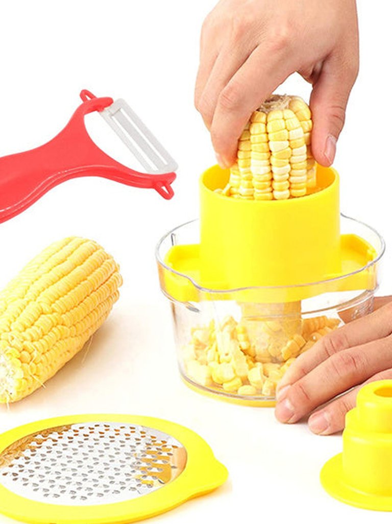 4 in 1 Yellow Corn Stripper Shucker Tool Holder Cutter Remover Kitchen Food Prep - Yellow