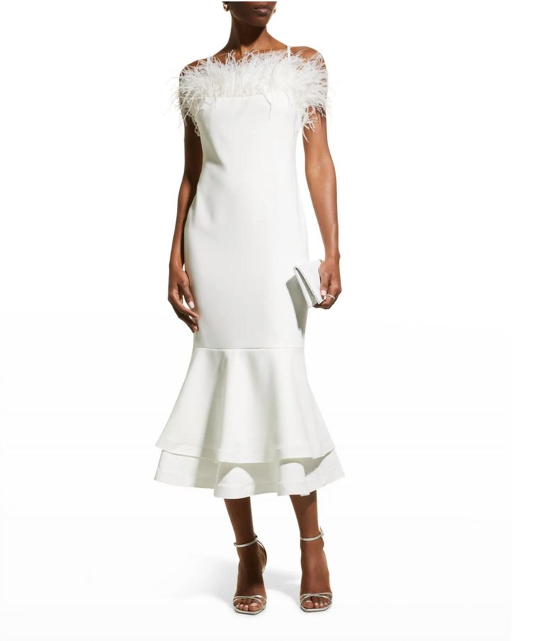 Aurora Feather Trumpet Midi Dress In White - White