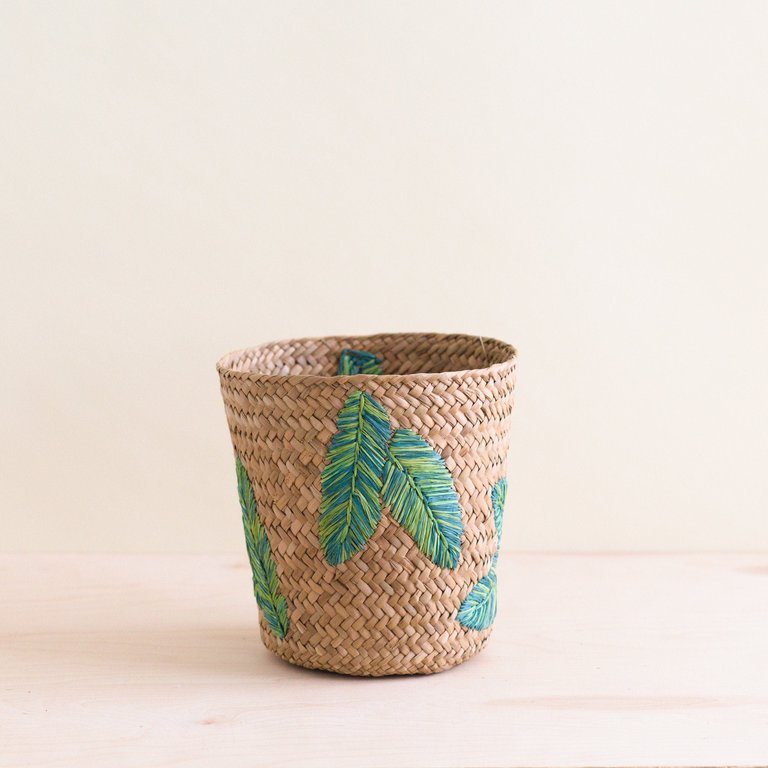 Banana Leaf Embroidery Soft Woven Basket - Plant Baskets - Brown & green