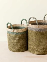 Baskets With Handle, Set Of 2 - Natural Baskets - Olive/Sky Blue/Natural